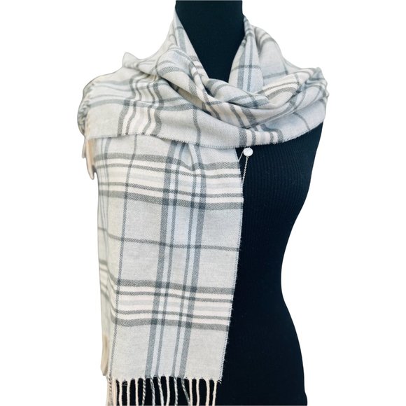 pashmina Accessories - Pure Pashmina Wrap Silver Grey 3 Ply Plaid Scarf 12"x52"